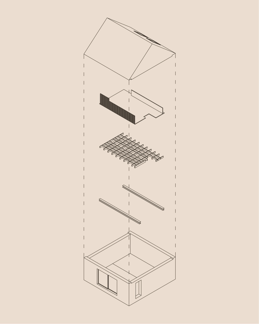 Exploded axonometric diagram of H&C House's roof and mezzanine construction