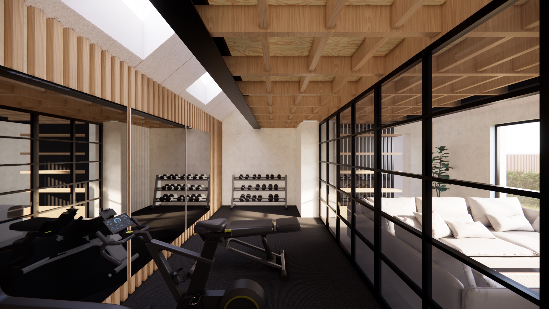 Gym at H&C House behind the glazed partition