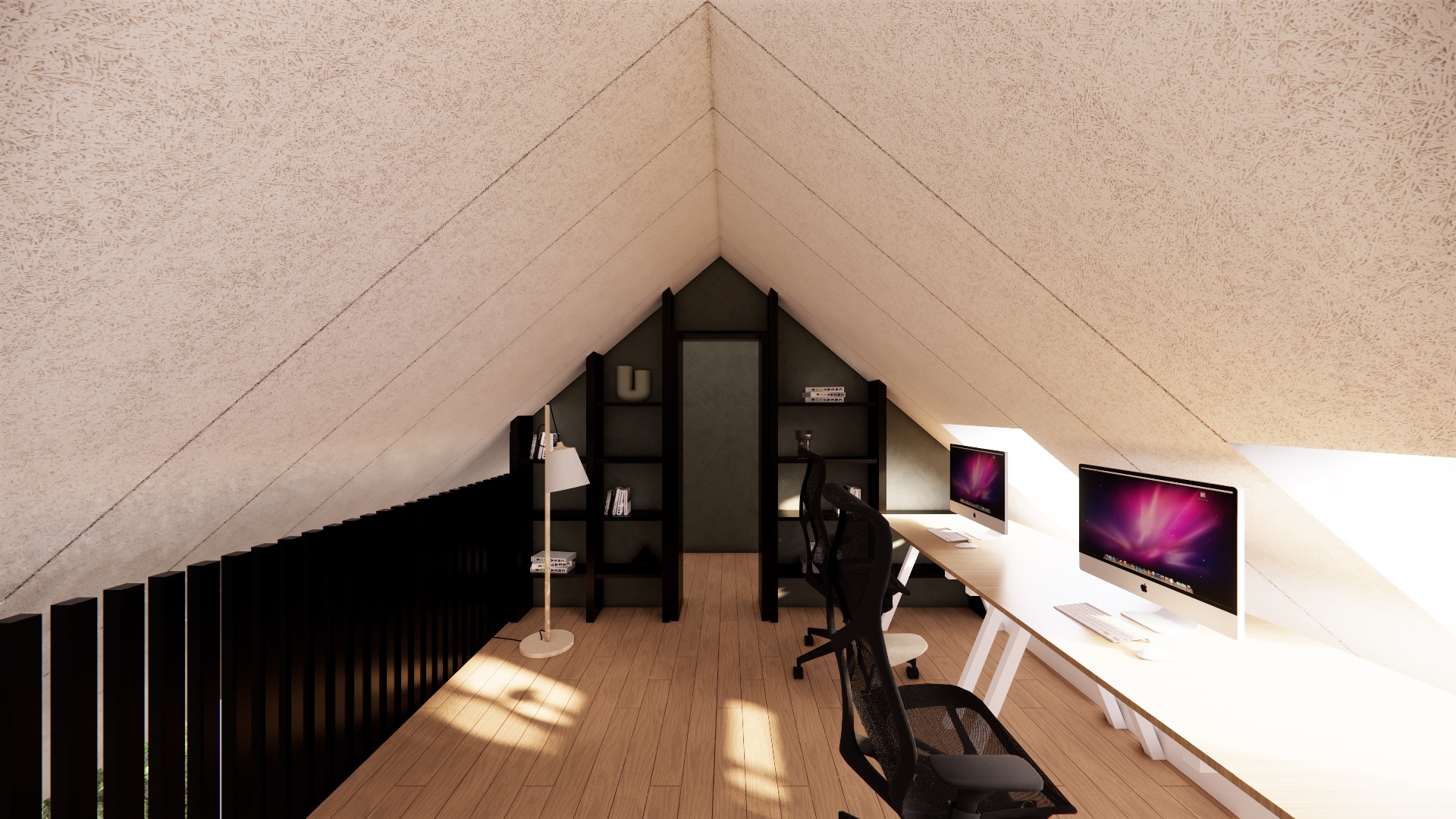 Mezzanine office at H&C House beneath the exposed timber construction