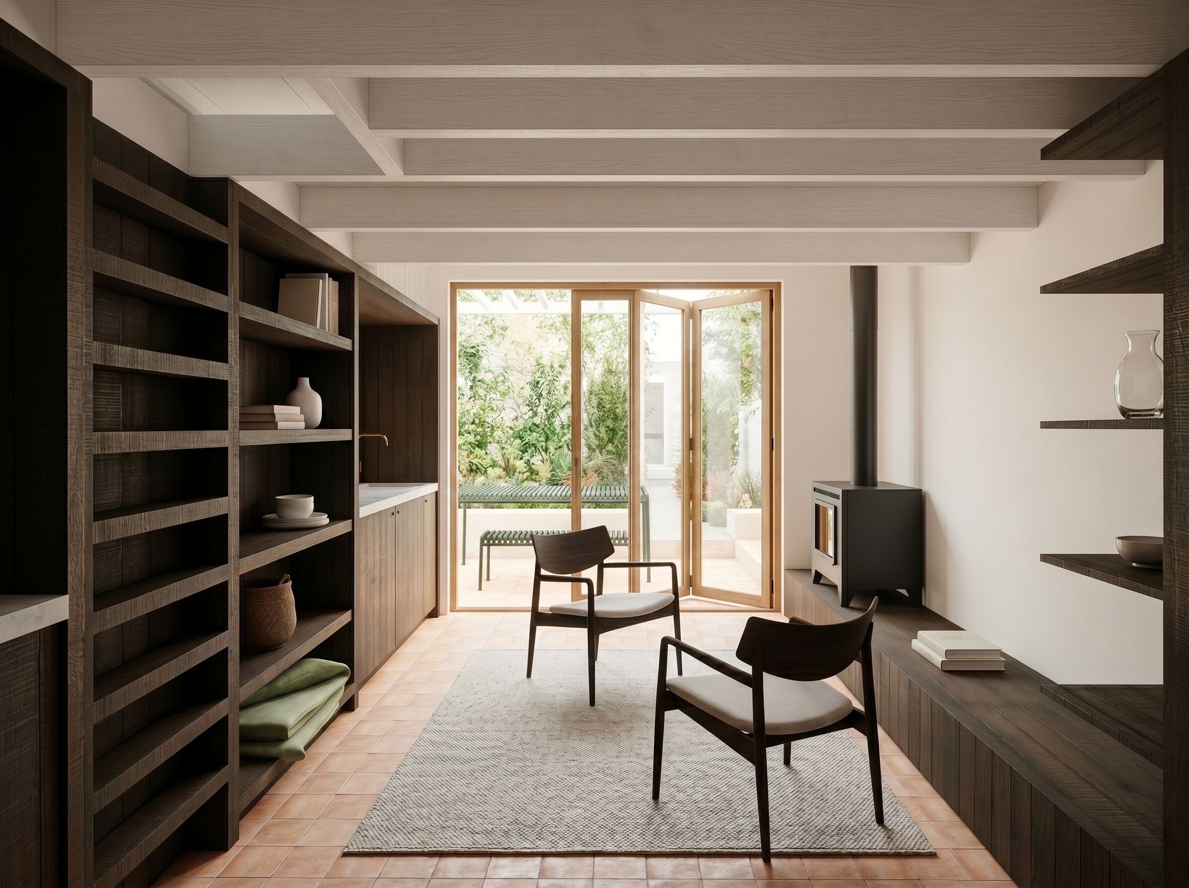 Living room shelving and seating at S&A House