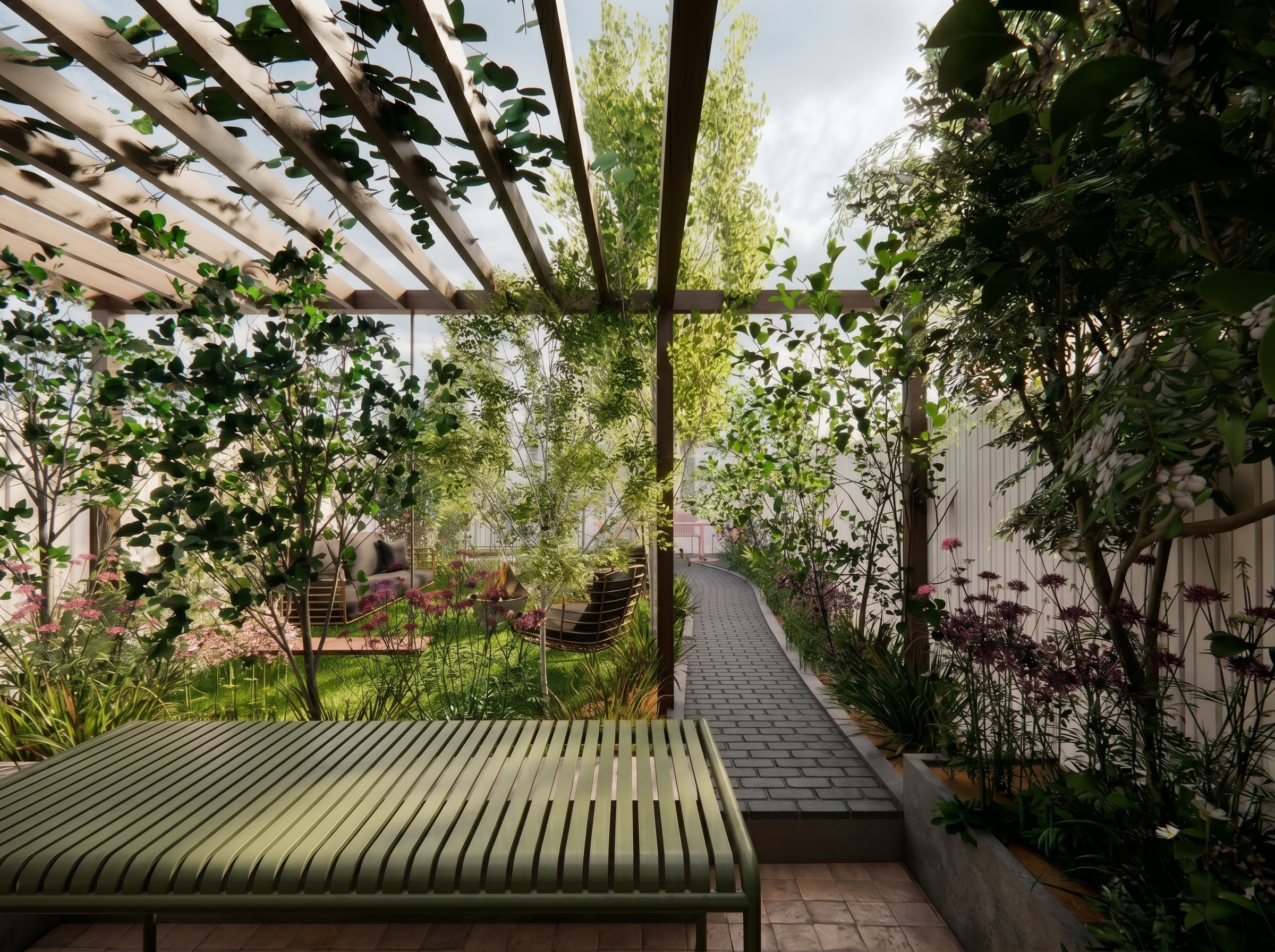 Garden pergola and pathway at S&A House